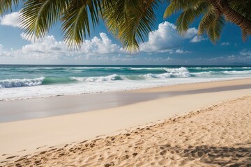 Pristine Sandy Beach with Gentle Ocean Waves and Bright Tropical Sunshine