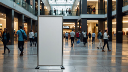 Obraz premium Blank white mockup of a sign in a busy shopping center.Blank promotional pole template to showcase your business or advertisement.