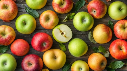 Fresh Juicy Apples Autumn Harvest Wooden Background