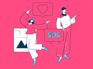 Virtual characters social communication concept business flat vector hand drawn illustration
