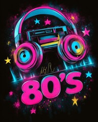80s Neon Theme Background with Headphones and Cassette Tapes