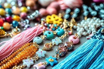 Colorful beads and tassels for crafting jewelry