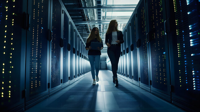 Two women from a data center team are walking through server aisles, checking status indicators and ensuring perfect cable management in a well-lit, industrial setting