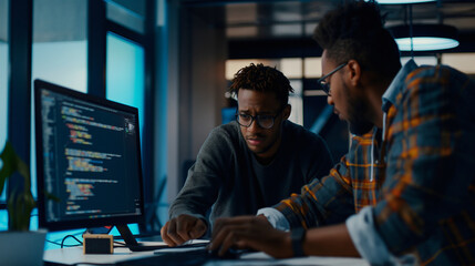 A tech mentor engages with a student during a pair programming session, emphasizing coding concepts in a collaborative workspace filled with natural light
