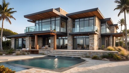 Fototapeta premium Modern beach house with a big swimming pool in backyard of the house, exterior design of house with elegant front elevation design