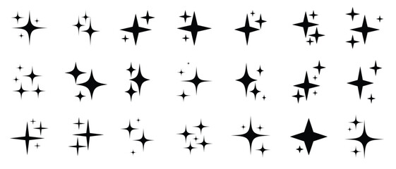 Twinkling star icon, vector set. Shine, Clean icon star. Set of sparkle icon, vector, stars and bursts icons. Retro futuristic sparkle icons set. Abstract black sparkles. Y2K Shine, cleaning icon set.