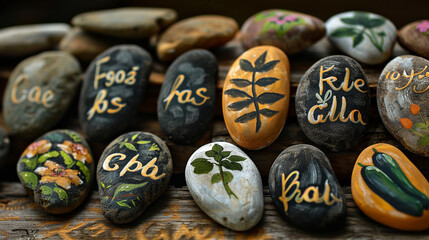 A set of garden markers made from painted pebbles, each one labeled with the name of an herb or vegetable, guiding gardeners on their journey.