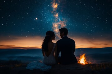 Fototapeta premium A couple in love sharing a moment under the stars with a warm fire nearby.