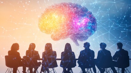 Group of Silhouettes Contemplating a Networked Brain