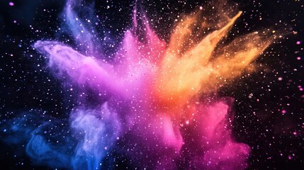 Colorful powder exploding on black background creating a dynamic shape