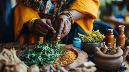 Herbal healer crafts natural remedies from fresh plants and herbs in a traditional way