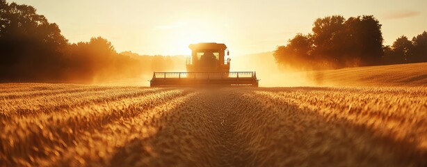 A golden wheat field with an open combine harvester in the background, captured from behind with...