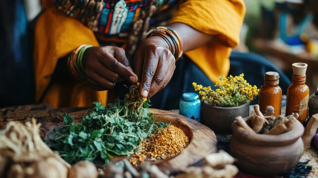 Herbal healer crafts natural remedies from fresh plants and herbs in a traditional way