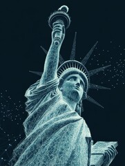 Holographic Statue of Liberty from abstract crumbs, dust or particles. The concept of national celebration, memory and gratitude.
