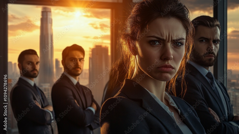 Poster a woman with a serious expression stands in front of a group of men