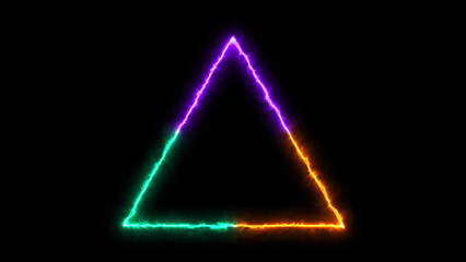 glowing neon triangle icon with orange, purple and turquoise line animation on black background. Futuristic Template for Product Presentation.