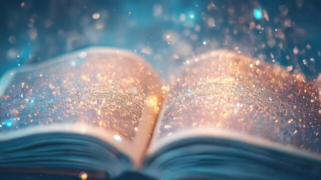 An open book emits sparkling, magical lights in a dreamy atmosphere, suggesting the concept of storytelling, wonder, and imaginative adventures.