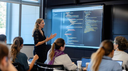 Technology trainer leads a hands-on workshop, explaining clean code concepts using a large screen. The diverse audience actively takes notes in a well-lit, professional training environment