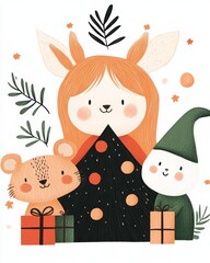 Fototapeta premium A detailed illustration depicting woodland animals decorating a Christmas tree in the snowy forest, with a cheerful elf overseeing the festivities.