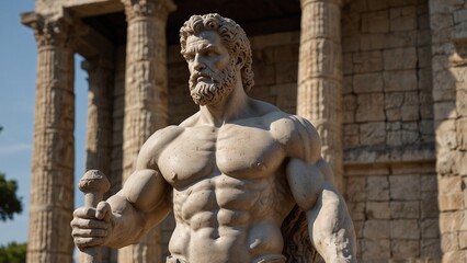 Statue of Hercules: Hercules holding a club and draped in lion skin, with a forest and ancient Greek temple ruins in the background.