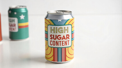 Brightly colored soda can featuring text HIGH SUGAR CONTENT prominently displayed. design includes vibrant patterns and colors, making it eye catching and playful