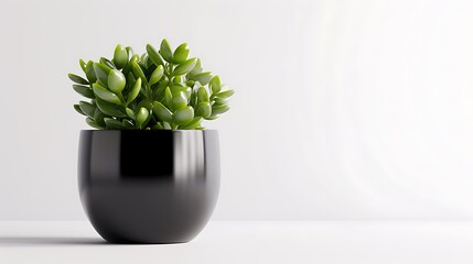 A small jade plant in a simple black pot, isolated on a white background.