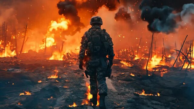 Soldier navigates through a fiery battlefield at dusk, embodying courage amidst chaos and destruction.Flames light the soldier's way through the wreckage, highlighting his resilience
