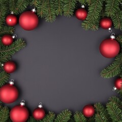 Christmas decorations with tree branches and baubles frame isolated
