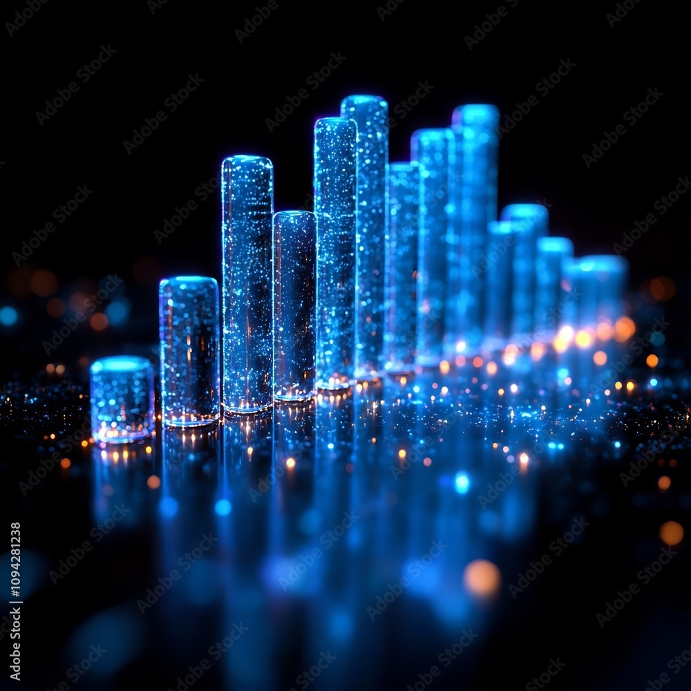 Poster glowing glass columns representing energy data and growth on blank background