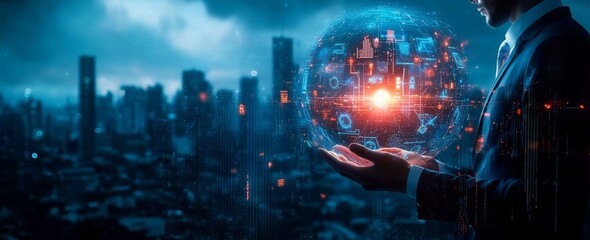 Businessman Holding Holographic Sphere of Human Resources and Recruitment Team in Cyberpunk Cityscape