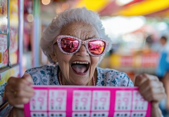 an elderly woman excitedly playing the Pink Bingo Lotto game at a carnival, with her hands on both sides of the pink and white numbers printed in front of her