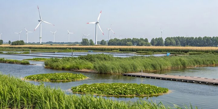 Artificial wetlands with floating turbines and plants, floating turbines, artificial wetlands