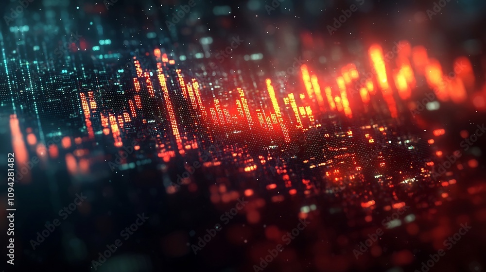 Poster dramatic financial data visualization with rising and falling market graph lines on dark background