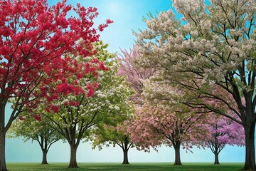 Fototapeta premium Flowering Dogwood Trees Grouped with Bright Blooms on Light Background