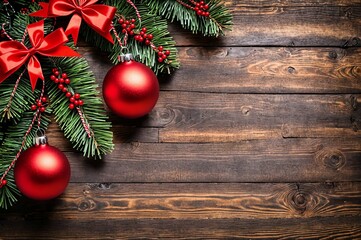 A wooden background with red and green decorations
