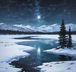 Fototapeta premium Illustration of winter landscape with frozen lake and starry sky.