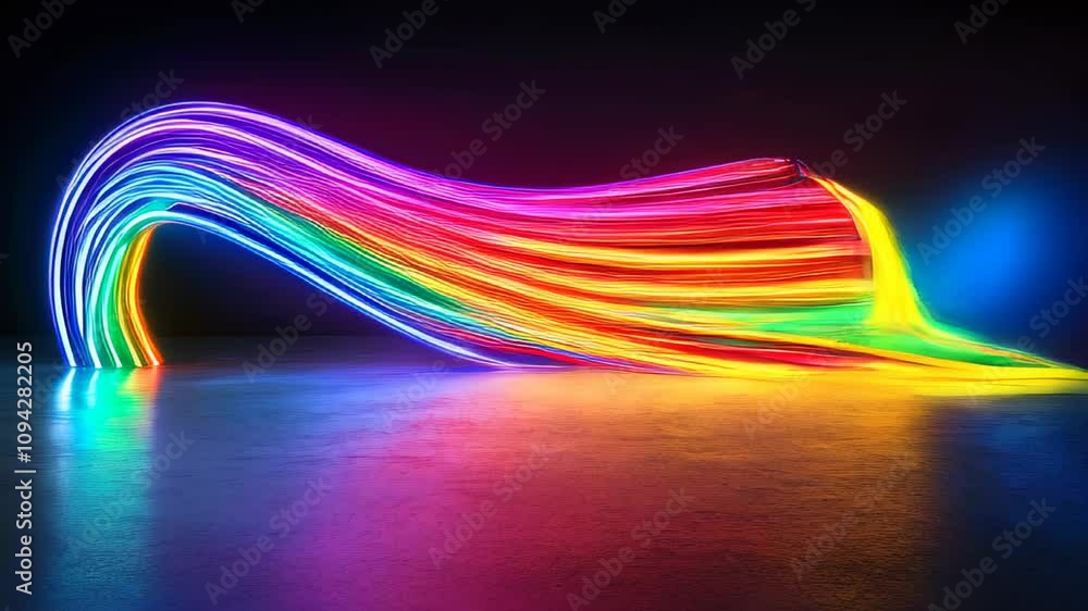 Poster dynamic, flowing neon light streaks in various colors against a dark background, creating a modern a