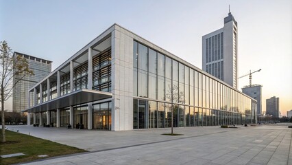 Obraz premium Contemporary Office Building with Glass Facade and Urban Skyline at Sunset 