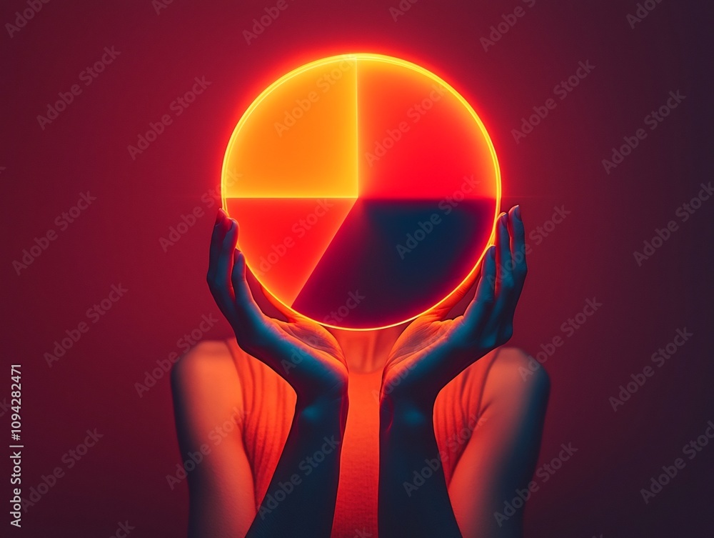 Aufkleber hands holding holographic pie chart with glowing separating segments in minimalist background