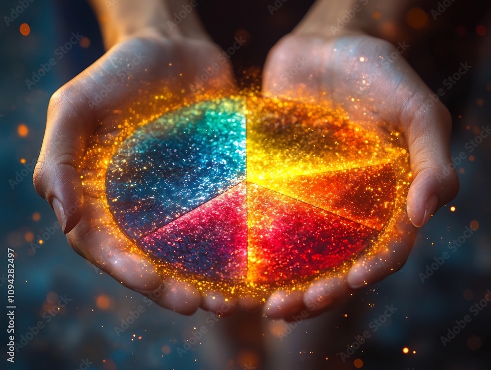 Poster glowing holographic pie chart in minimalist hands depicting data visualization and analytics concept