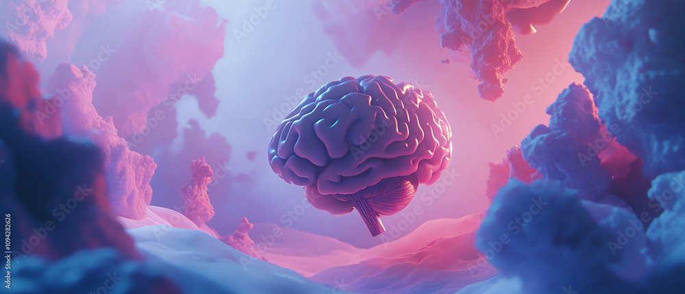 Poster surreal 3d render of brain floating in a dreamlike landscape