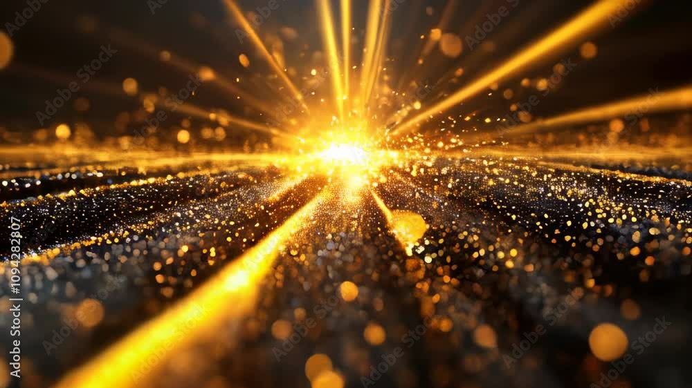 Poster dramatic golden light rays burst from the center with sparkling particles scattered across a dark ba