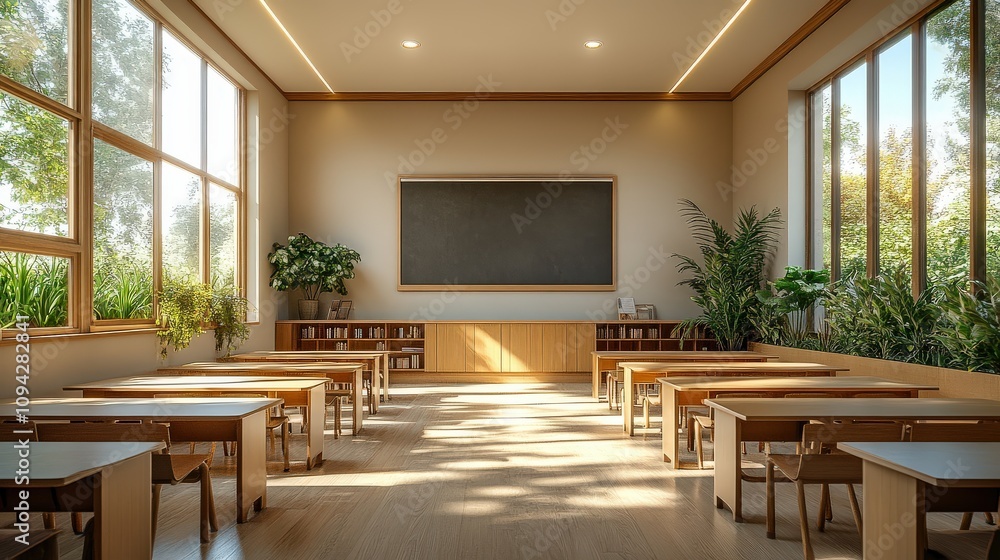 Poster a clean and modern classroom with neatly aligned desks, a traditional chalkboard, and soft overhead 