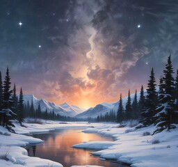 Illustration of winter landscape with frozen lake and starry sky.