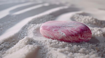 Naklejka premium A smooth pink pebble resting on fine white sand, the contrast captured with sharp clarity.