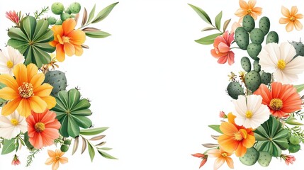 Fototapeta premium A colorful cactus border with vibrant green cacti and blooming desert flowers, ideal for creating unique frame designs for invitations or art projects.