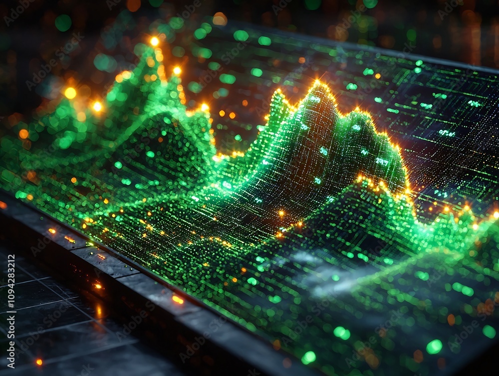 Poster glowing glass panel with ascending line graph visualizing data and analytical insights