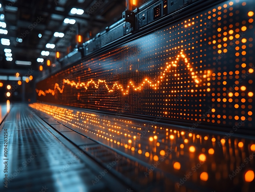 Poster glowing line graph ascending through glass panel in concept visualization