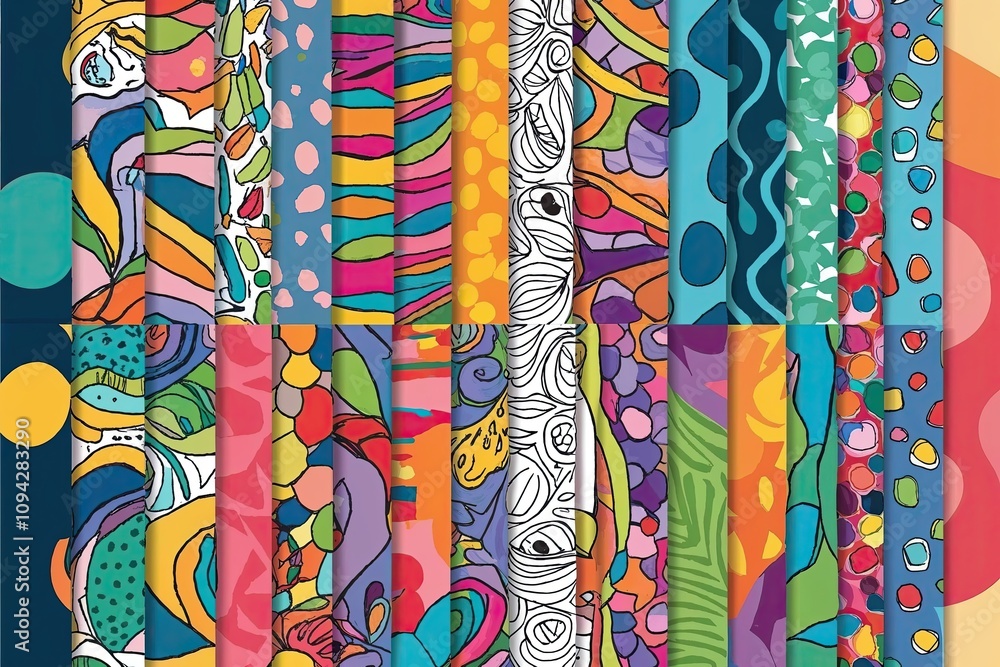 Aufkleber dynamic vibrant doodle pattern collection with artistic whimsical forms and colorful collage-style s