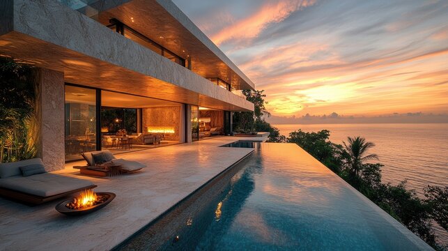 A luxurious villa with a stunning sunset view over the ocean and an inviting infinity pool.